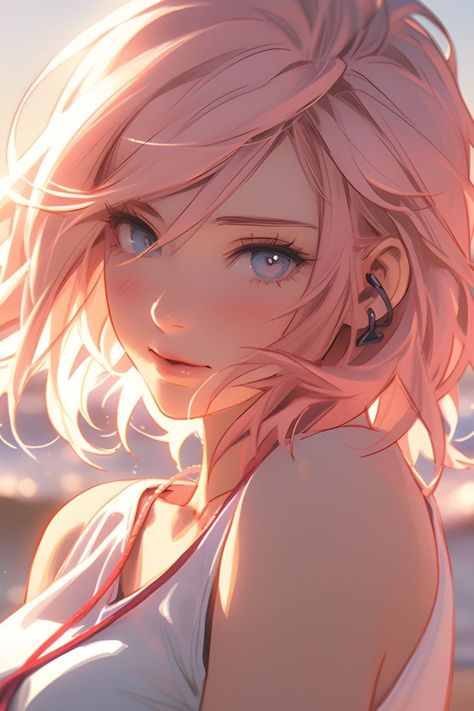 Pink Haired Anime Female Oc, Pretty Anime Women Pink Hair, Beach Anime Art, Short Pink Hair Anime, Short Blonde Hair Anime, Anime With Pink Hair, Pink Haired Girl Art, Girl With Pink Hair Art, Pink Hair Girl Art