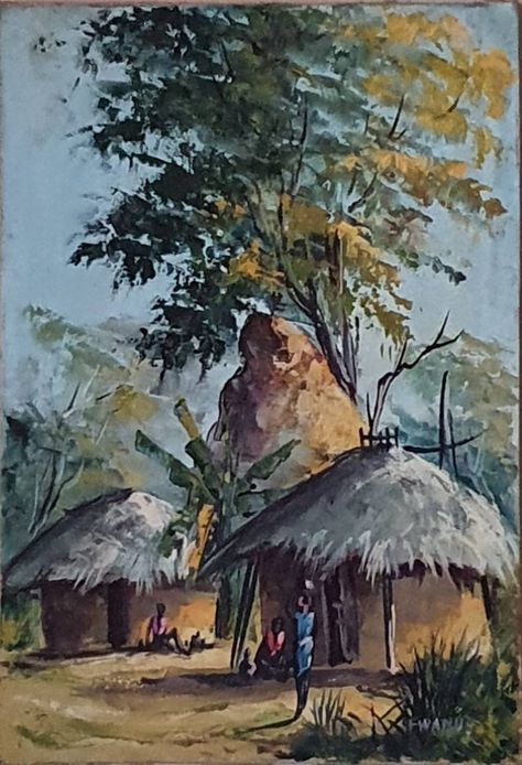 "Offered is a pair of paintings by the artist known as \"Fwande\", each measuring some 17 x 11.75 inches. Fwande was the name taken by a Congolese artist named Kato. He is noted in a number of academic texts as a leading member of the Authenticité school of Congolese art. He later moved to Malawi where Nixon Malamulo notes him as one of his teachers and inspiration. As with many African artists, little else is known about his life. These vibrant pieces depict a village. Elongated forms and tradi South African Art Paintings, Ghanaian Paintings, South African Paintings, South African Artists Paintings, African Village Painting, Malawi Africa, African Hut, Africa Painting, African Artists