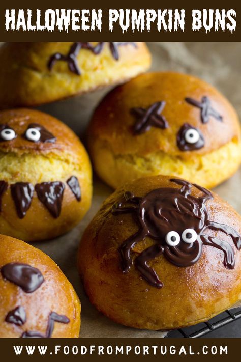 Halloween pumpkin buns brushed with spooky chocolate drawings Halloween Buns, Pumpkin Buns Recipe, Pumpkin Buns, Chocolate Drawing, Bakers Yeast, Tasty Bread Recipe, Potato Puree, Bun Recipe, Homemade Halloween