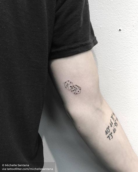 Fine line dice tattoo on the left inner arm. Dice Tattoo Meaning, Two Dice Tattoo, Dice Tattoo Placement, Dice Tattoo Women, Pair Of Dice Tattoo, Tiny Dice Tattoo, Dice Tattoo Men, Red Dice Tattoo, Small Dice Tattoo