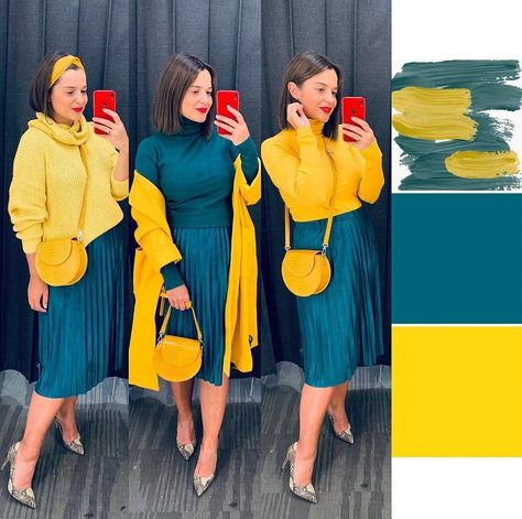 Mustard Colour Combinations Outfit, Mustard Color Block Outfit, Yellow Colour Combinations Dress, Teal Outfit Ideas Color Combos, Fashion Color Combos, Mustard Colour Combination, Outfit Color Combos, English Outfit, Mustard Yellow Outfit