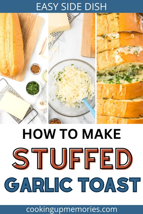 You are going to love this easy to make Stuffed Garlic Toast. Whether your eating Italian, barbecue or your favorite dinner casserole, your going to want to make this cheesy garlic toast over and over! Italian Barbecue, Stuffed Garlic Bread, Cheesy Garlic Bread Recipe, Frozen Garlic Bread, High Protein Dishes, Light Summer Meals, Garlic Toast, A Loaf Of Bread, Garlic Cheese Bread