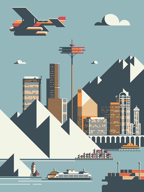 On the Creative Market Blog - 20 Fantastical City Illustrations to Prompt the Urban in You Seattle Poster, Poster Flat, 심플한 그림, Seattle Art, Flat Design Illustration, Wallpaper Collage, City Illustration, Illustration Poster, Flat Illustration