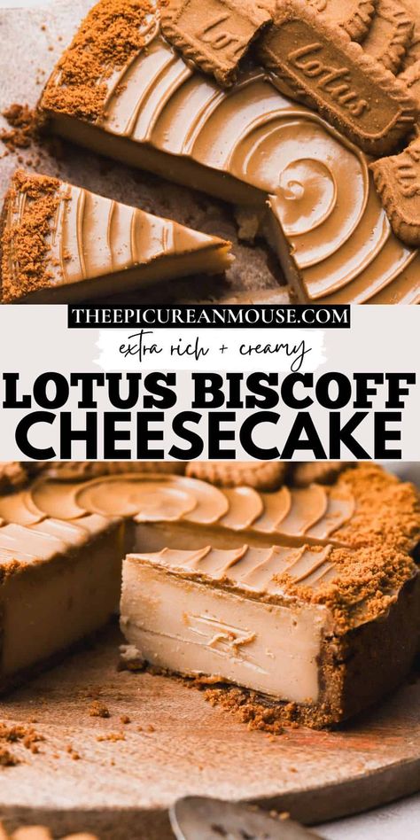 This decadent Lotus Cheesecake Recipe is made with a buttery Biscoff cookie crust and a silky smooth cookie butter cheesecake filling.  It's topped with a swirl of melted cookie butter and crunchy bits of Lotus cookies. Lotus Cheesecake Recipe, Cookie Butter Cheesecake, Biscoff Cookie Recipe, Lotus Biscoff Cheesecake, Lotus Cheesecake, Lotus Cookies, Biscoff Recipes, Biscoff Cheesecake, Biscoff Cookie Butter