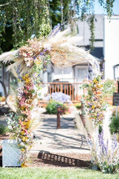 Spring Wedding Dried Flowers, Wedding Arch With Dried Flowers, Pampas And Flowers Wedding, Dried Flower Altar, Wildflower And Pampas Grass Wedding, Dried Flower Aisle, Dried And Fresh Flowers Wedding, Dried Flower Wedding Arch, Dried Wildflower Wedding