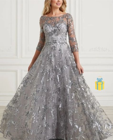 Silver Wedding Gowns, Silver Evening Gowns, Mesh Floral Dress, Mothers Gowns, Christina Wu, Evening Style, Floral Dress Formal, Evening Dresses With Sleeves, Bride Groom Dress