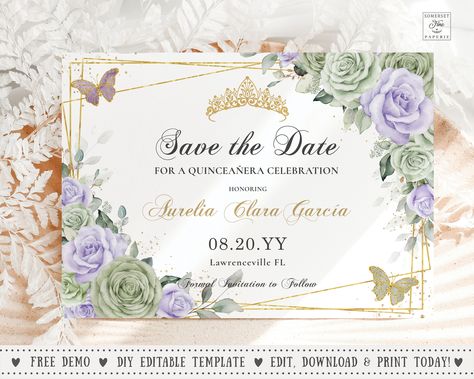 Save The Date Quinceanera Ideas, Quincenera Invitations, Australia Photos, Lavender Floral, Lavender Roses, Save The Date Card, Sweet 16 Birthday, Purple Lavender, Gold Crown