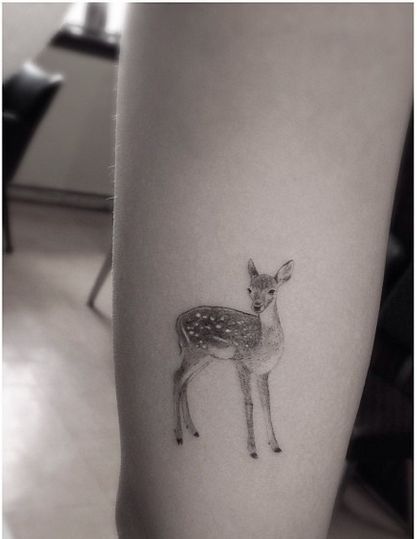 Tattoo Simple Design, Bambi Tattoo, Fawn Tattoo, Doe Tattoo, Deer Tattoo Designs, Quote Tattoos Placement, Dr Woo, Bone Tattoos, Deer Tattoo