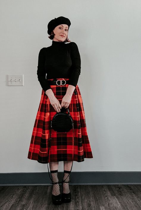 5 Ways To Style A Plaid Midi Skirt · The RELM & Co Knee Length Plaid Skirt Outfit, Midi Plaid Skirt Outfit, Plaid Midi Skirt Outfit, Plaid Skirt Outfit, Plaid Midi Skirt, Midi Skirt Outfit, December 7, Style Tips, Plaid Skirts