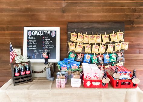 Baseball Birthday Ideas Concession Stand Birthday Party, Baseball Concession Stand Ideas, Baseball Concession Stand, Concession Stand Ideas, Sandlot Party, Baseball Concessions, Baseball Party Ideas, Softball Party, Baseball Stuff