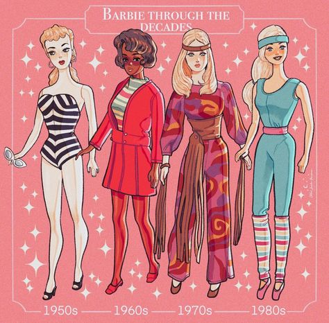 Chloe's arts | 🦩Barbie fashion through the decades 🦩 have you seen the trailer for the Barbie movie? I saw it and got a little bit too excited haha, I… | Instagram Fashion Through The Decades, 1980 Fashion, 1980’s Fashion, 1960 Style, 1960’s Fashion, The Barbie Movie, 1950’s Style, 1950’s Fashion, My Favorite Books