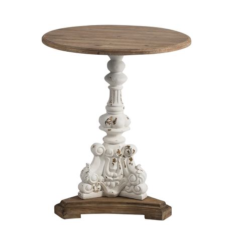 Farmhouse style meets elegant, classical craftsmanship with this accent side table. It has a wide round tabletop for hand curated decorations, vases, photos, and more. White Round Side Table, White Side Table, Country Style Furniture, Rustic End Tables, Classic Vintage Style, Round Accent Table, Accent Side Table, A&b Home, Table Ronde