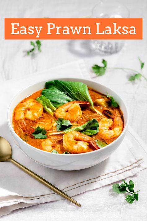 This speedy semi-homemade spicy prawn and noodle soup uses a mix of store-bought curry paste, bouillon cubes and coconut milk. The unusual addition of peanut butter imparts a nutty depth to the flavorful broth. Succulent prawns, rice vermicelli and fresh bok choy add textural contrast, whilst the acidity of lime juice balances the richness. #soup #prawns #prawnrecipes #soupideas #souprecipeseasy #laksa #spicyfood #spicyshrimp #asianfood Laksa Recipe, Laksa Soup, Butter Prawn, Spicy Prawns, Prawn Recipes, Rice Vermicelli, Semi Homemade, Spicy Shrimp, Easy Soup Recipes