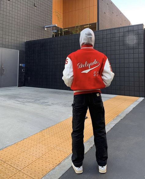 Varsity Jacket Photoshoot, Red Zipup Hoodie, Hoodie Men Outfit, Jacket Photoshoot, Zipup Hoodie, Oc Outfits, Outfits Stylish, Grandpa Style, Fashion Boy