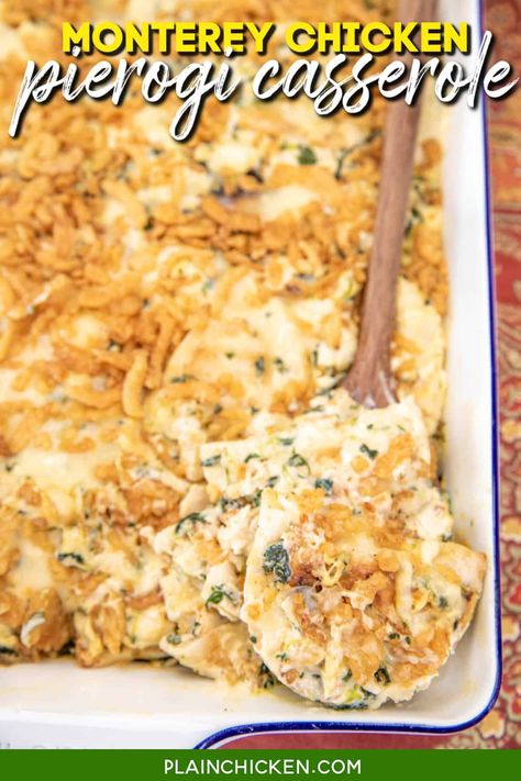 Monterey Chicken Pierogi Casserole Recipe - tender pierogi dumplings, savory chicken, spinach, gooey Monterey Jack cheese, and crunchy french fried onions baked in a creamy sauce. It's a hearty and satisfying meal that's easy to make and guaranteed to impress. Perfect for weeknight dinners or gatherings with friends and family. Everyone always asks for seconds. Try it today! Chicken And Perogies Recipes, Chicken Pierogi Casserole, Perogi Casserole, Perogie Casserole, Pierogi Casserole, Perogies Recipe, Monterey Chicken, Chicken Spinach, French Fried Onions