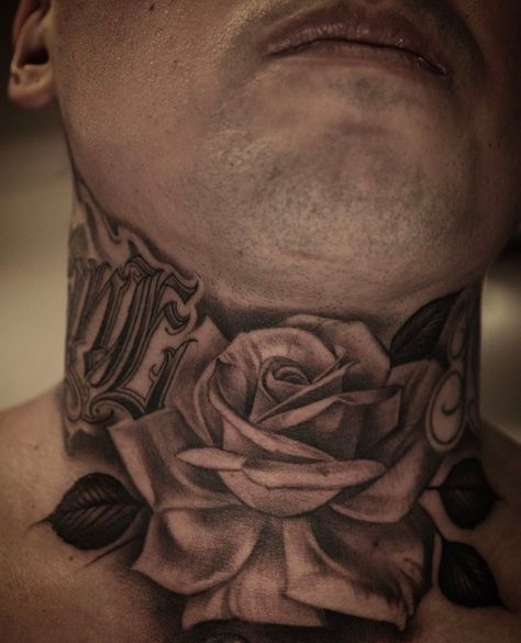 Tatoos Men Throat, Big Neck Tattoo Men, Neck Tattoo For Guys Rose, Center Neck Tattoo Men, Middle Of Neck Tattoo Men, Rose Throat Tattoo Men, Rose Throat Tattoo, Rose Neck Tattoo Men, Throat Tattoo Men Design