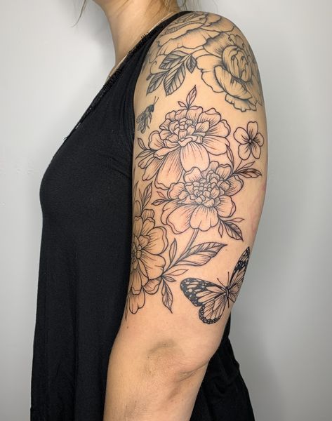 Marigolds and butterfly Marigold Sleeve Tattoo, Marigold Tattoo Men, Marigold Flower Tattoo, Marigold Tattoo, Flower Tattoo Shoulder, Marigold Flower, Half Sleeve Tattoo, Butterfly Sleeves, Tattoo Inspo