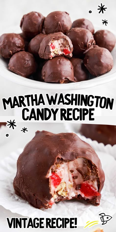 Office Party Snacks Easy, Chocolate Charlie Candy Recipe, Martha Washington Candies, Popular Bakery Treats, No Bake Chocolate Balls Recipes, Martha Washington Balls Recipes, Christmas Candy Desserts, Red Hots Candy Recipes, Cherry Mashers Candy