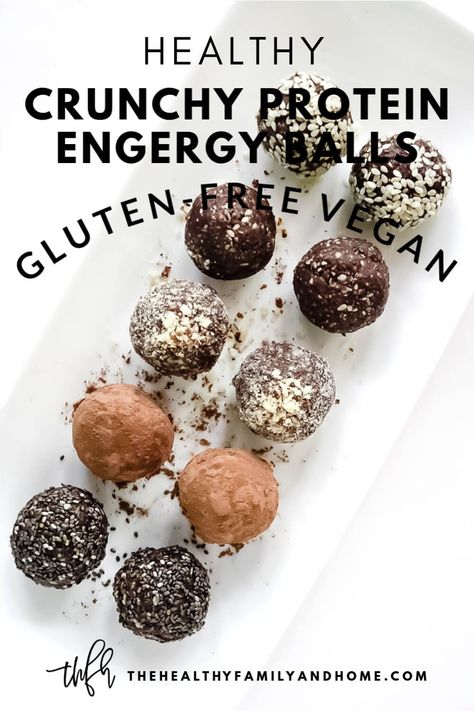 This healthy, plant-based Crunchy Raw Protein Energy Balls recipe is so easy to make with only 8 clean, real food ingredients. It's a no-bake energy ball with limitless topping options that's vegan and gluten-free and everyone will love! { The Healthy Family and Home } #energyballs #healthy #vegan #nobake Healthy Balls, Protein Energy Balls, Vegan Energy Balls, Energy Balls Recipe, Energy Balls Healthy, Raw Protein, Power Snacks, Protein Balls Recipes, Energy Ball Recipe