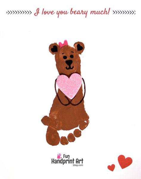 Use our free I Love You Bear-y Much Printable Card to make a footprint bear craft. Perfect for Valentine's Day, Mother's Day Father's Day, & more Footprint Bear, Baby Footprint Art, Bear Craft, Easy Valentine Crafts, Footprint Crafts, Infant Room, Baby Art Projects, Valentine's Day Crafts For Kids, Bear Card