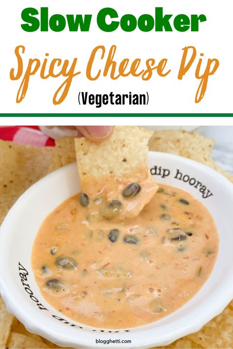 This Slow Cooker Vegetarian Spicy Cheese Dip is full of flavor and spice. It's a perfect cheesy dip for game day or movie night snacking. Black beans, diced jalapenos, salsa, taco seasonings, and cheese all come together for a delicious cheesy dip. Spicy Cheese Dip, Vegetarian Dip, Chicken Tortellini Soup, Cheesy Dip, Slow Cooker Breakfast, Spicy Cheese, Slow Cooker Vegetarian, Homemade Tacos, Cheese Dip