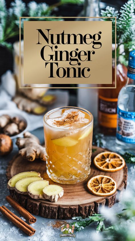 "Discover the perfect blend of warmth and spice with our Nutmeg Ginger Tonic Mocktail Recipe! This non-alcoholic ginger tonic combines the bold flavors of nutmeg and ginger, creating a refreshing and zesty herbal drink. Ideal for winter gatherings, this Ginger Nutmeg Refresher is a delightful addition to your festive menu. Enjoy the comforting warmth of our Spicy Ginger Tonic or savor the unique taste of a Nutmeg Infused Mocktail!" Mocktails For Sleep, Medicinal Mocktails, Adaptogen Mocktail Recipe, Ginger Mocktail Recipes, Herbal Mocktail Recipes, Tea Mocktail Drink Recipes, Sleepy Mocktails, Ginger Beer Mocktail Non Alcoholic, Infused Mocktail