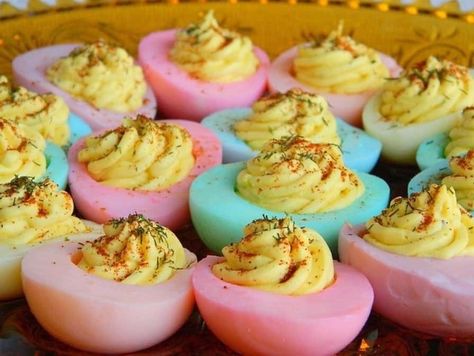 Deviled Eggs Ideas, Gender Reveal Food Ideas Appetizers, Dyed Deviled Eggs, Gender Reveal Food, Baby Shower Party Food, Eggs Ideas, Devilled Eggs, Appetizers For Kids, Baby Shower Drinks