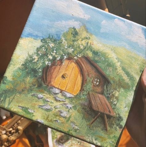 Lord Of The Rings Paintings, Lotr Paintings, Lord Of The Rings Painting, Lord Of The Rings Art, Hobbit Art, Hobbit Hole, Hobbit House, Painting Inspo, Sketches Easy