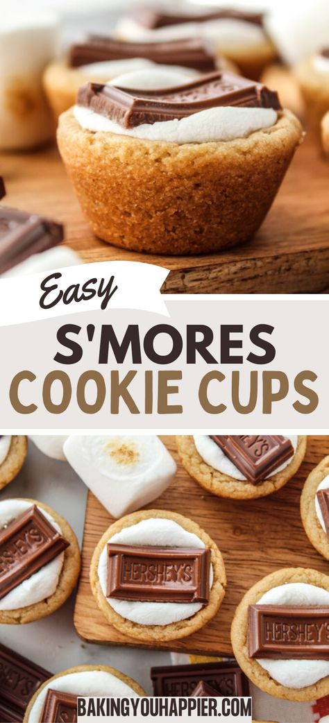 Peanut Butter S’mores Cookie Cups, peanut butter cookie dough baked in a muffin tin and stuffed with marshmallow and chocolate in every bite! Peanut Butter S’more Cookies, Cookie Dough In Muffin Tin, Smores Cookie Cups, Reese Cup Cookies, East Dessert Recipes, S'mores Cookie Cups, Marshmallow And Chocolate, Sweet Easy Recipes, Peanut Butter Smores