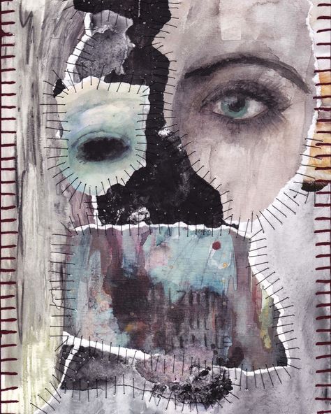 “Black Hole Face” -31.03.2021 .. #eyeportrait #abstractexpressive #abstractportrait #experimentalart #mixedmediacollage #textileart #mixedmediatextiles #stitchedpaintings #tornpapercollage #rawart #outsiderart #painttextures #expressivepainting Alternative Media Art, Textile Portraits Mixed Media, Integrate Art Gcse, Entwined Art Gcse, Mixed Emotions Art, Integrate Art, Distortion Art, Art Alevel, Gcse Art Sketchbook