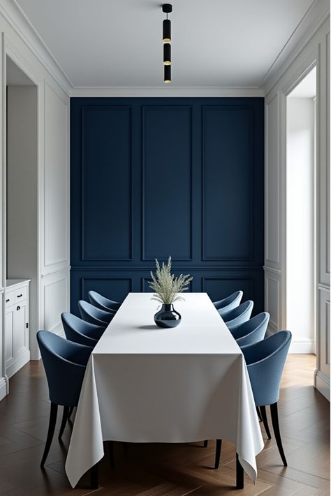 Narrow dining room with navy accent wall and white walls Feature Dining Room Wall, Blue Feature Wall Dining Room, Navy Blue Dining Room Walls, Dark Blue Dining Room Walls, Dining Room With Accent Wall, Accent Wall In Dining Room, Narrow Dining Room, Navy Blue Dining Room, Dark Blue Dining Room