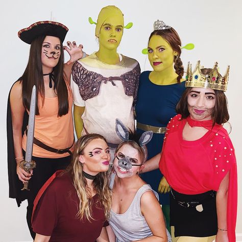 Shrek, Fiona, Donkey, Dragon, Lord Farquaad, & Puss n boots Diy Shrek Character Costumes, Shrek Halloween Costumes Group, Diy Donkey Costume Shrek, Shrek Fiona And Donkey Costumes, Donkey And Dragon Costume, Lord Farquaad Costume Women, Shrek Themed Party Costumes, Shrek Dragon Costume, Shrek Rave Outfit