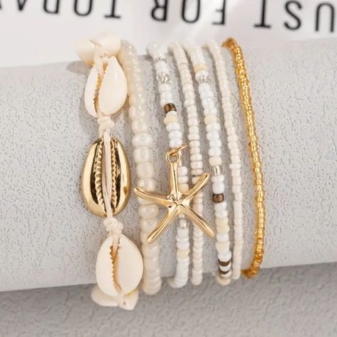 Beautiful Seven Piece Beach Themed Anklet (Or Bracelets) Summer Vibes! Set Of 7 Glass Rice Beads With Natural Seashell, Alloy Starfish Pendant Ankle Bracelets White, Gold, Beige New In Packaging Bundle Multiple Items For Best Value Offer! Beach Vacation Beach Vacay Shells Anklet Cruise Vacation Themed Bracelets, Bracelets Summer, Preppy Accessories, Bracelet White Gold, Seashell Bracelet, Homemade Bracelets, Mermaid Bracelet, Preppy Jewelry, Beach Vacay