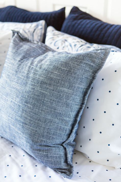 White And Navy Bedding, Decorate A Bed, Modern Farmhouse Paint Colors, Florida Decorating, Navy Bedding, Blue Comforter, Blue Bedroom Decor, Farmhouse Paint Colors, Florida House