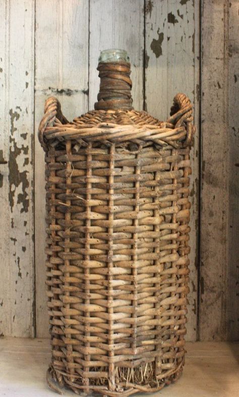 ♔ Vintage French wicker demi john French Basket, Old Wicker, Antique Wicker, French Baskets, Old Baskets, Vintage Basket, Basket Vintage, Bottle Wrapping, Vintage Baskets