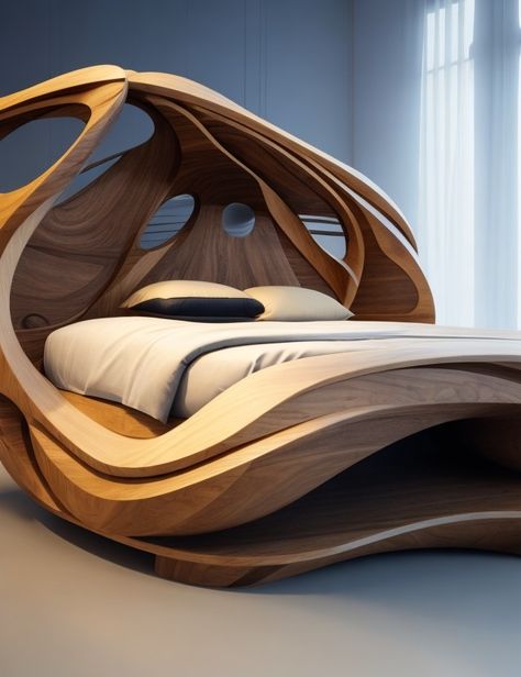 Futuristic Wooden Furniture, Futuristic Wooden Bed, Wooden Bed, Wood working Ideas Biophilic Furniture, Futuristic Bed, Contemporary Beds, Fine Woodworking Furniture, Concept Furniture, Interior Design Sketchbook, Geometric Furniture, Box Bed Design, Furniture Craftsmanship