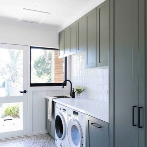 Vertical Subways, to elongate the space✨ Paired with sage green cabinetry to create a tranquil haven🌿🤍 By HK Interiors #anotherqualityproject #southerntile #designinspo #trends #design #housegoals Sage Laundry Room, Sage Green Laundry Room, Sage Laundry, Green Laundry Room, Green Laundry, Laundry Closet, Laundry Room Makeover, Laundry Room Design, House Goals