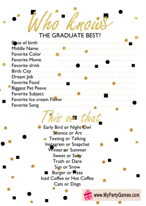 Grad Games, Who Knows The Graduate Best, Mother's Day Games, Graduation Games, Student Games, Graduation Party Games, Graduation Printables, Boy Graduation, Printable Games For Kids