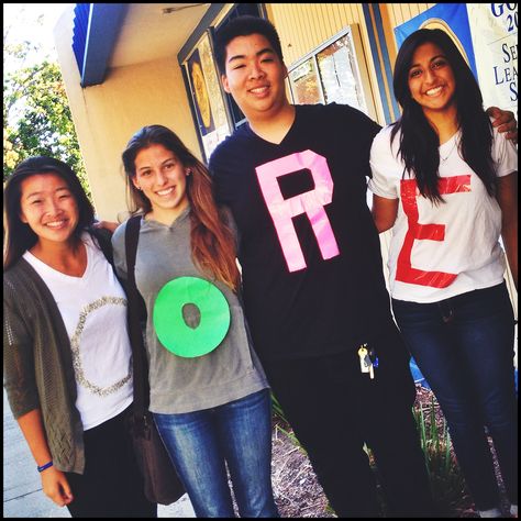 Spirit Day idea! It was Scrabble Day, so all of us wore a letter and throughout the day we made words with different people. (This was a photo of our Core 4 officers - ASB Pres, VP, Treasurer, and Secretary) Rally Ideas, Spirit Day Ideas, Rally Idea, Spirit Days, Spirit Day, Homecoming Spirit, Pep Rally, Different People, Spirit Week