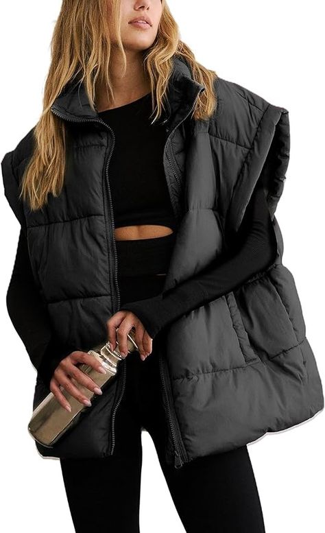 Meyhad Womens Quilted Puffer Vest Sleeveless Zip up Jacket Stand Collar Padded Gilet Coat with Pockets(0663-Khaki-M) at Amazon Women's Coats Shop Oversized Puffer Vest, Oversized Puffer Jacket, Oversized Puffer, Winter Puffer Coat, Warm Winter Jackets, Stand Collar Jackets, Womens Puffer Vest, Puffy Vest, Black Puffer Jacket