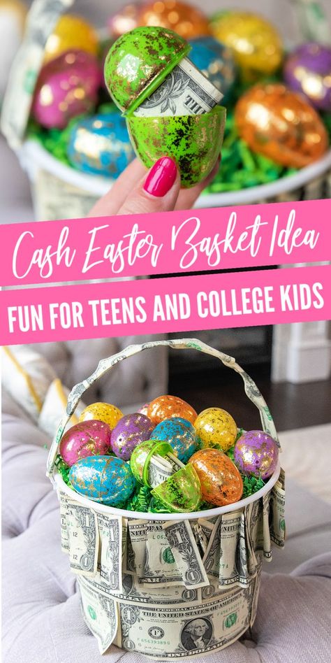 Cash Easter Basket Idea Teen Easter Basket, Boys Easter Basket, Basket Diy, Easter Buckets, Diy Easter Gifts, Diy Projects Gifts, Themed Desserts, Dollar Bills, Easter Basket Diy