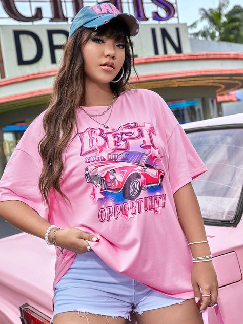 Baby Pink Casual Collar Half Sleeve Fabric Car,Letter  Embellished Slight Stretch  Women Plus Clothing Pink Cap Outfit, Graphic Tee Outfit Street Style, Modeling Clothes, Bella Diva, Oversized Tee Outfit, Money Aesthetics, Car Letter, Cap Outfit, Dopamine Dressing