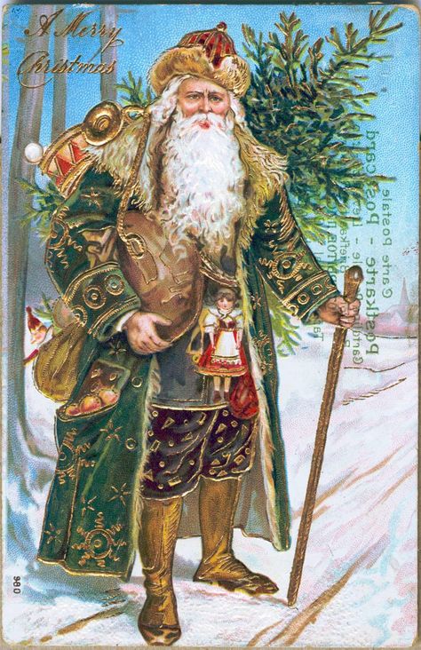 1910: a postcard with a gold embellished Santa Claus in a green coat is issued in Germany Santa Camera, Santa Klaus, Vintage Jul, Santana Lopez, Camera Pictures, Victorian Santa, Saint Nick, Illustration Noel, Vintage Christmas Images