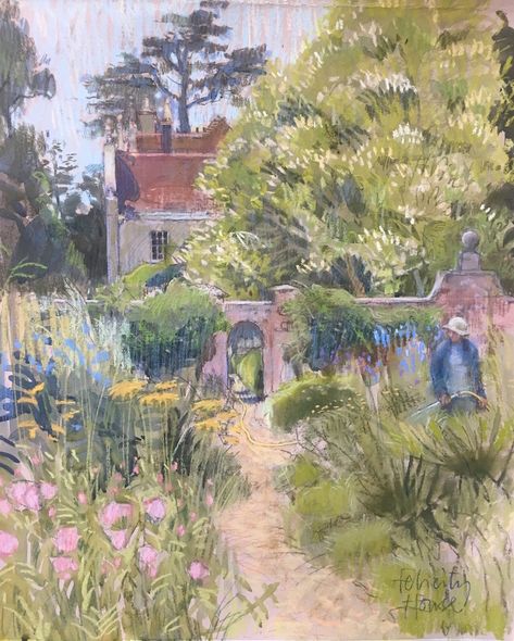 Felicity House, "Walled Garden at Edmondsham," 2018, various pastels on Art Spectrum paper, 21 x 17 in. Currently in studio. One of our hottest summer days and I was glad of my sunshade, heavenly garden to spend time in. Pastels Landscapes, Felicity House, Pastel Landscapes, Pastel Inspiration, Garden Paintings, City Scapes, Carl Larsson, Pastel Landscape, Pastel Paintings