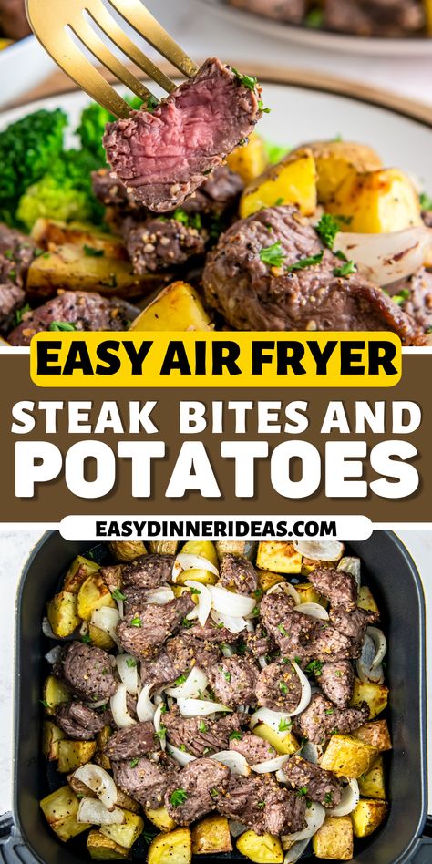 Juicy Air Fryer Steak Bites with Potatoes is a 30 minute, one pot meal. Tender, cubed steak and crispy potatoes are the perfect combo! Budget Air Fryer Meals, Air Fryer Steak And Potatoes, Steak Bites Potatoes, Butter Steak Bites And Potatoes, Steak Bites With Potatoes, Easy Steak Dinner Recipes, Steak Bites And Potatoes, Easy Steak Dinner, Air Fryer Steak Bites