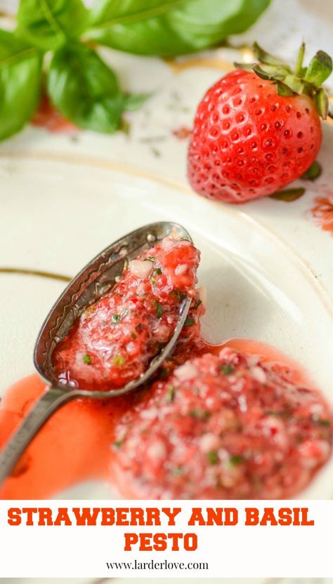 STRAWBERRY BASIL PESTO strawberry basil pestoLarder Love larder love Basil Recipes Vegan, Fresh Basil Recipes, Strawberry Basil, Dessert Sauce, Basil Recipes, Cold Soup, Lime Sauce, Summer Eating, Dessert Sauces