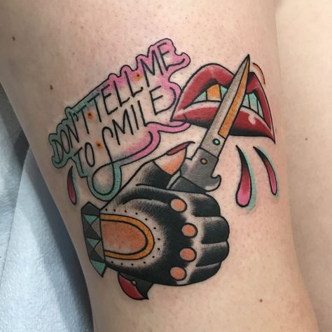 Traditional Feminist Tattoo by Jenny Boulger (bright bold colours dagger riotgrrrl made in Toronto Ontario Canada) Tattoo Toronto, Luck Tattoo, Left Arm Tattoos, Feminist Tattoo, P Tattoo, Famous Star, Toronto Ontario Canada, Tattoo Parlors, Leg Sleeves