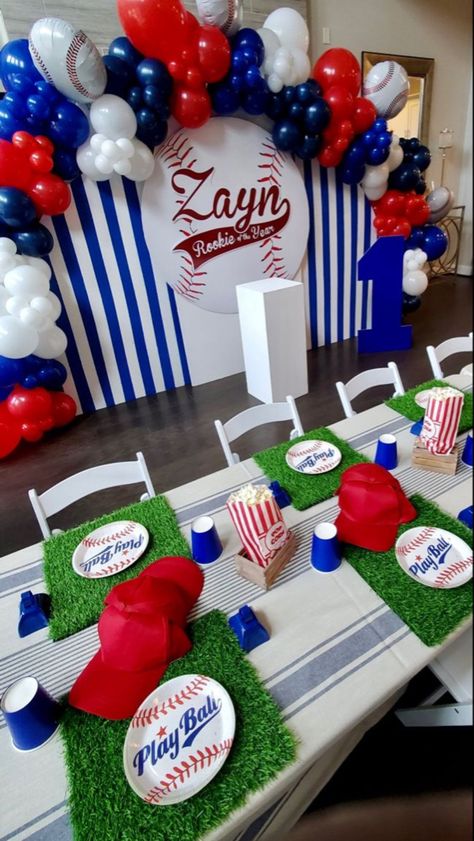 Baseball Backdrop Birthday Parties, Baseball Balloon Arch Birthday Parties, Baseball Decorations Party Ideas, Rookie Of The Year First Birthday Decorations, Baseball 1st Birthday Party Decorations, Braves Themed Party, Baseball Birthday Party Backdrop, Baseball Theme Birthday Party Decorations, Phillies Themed Birthday Party