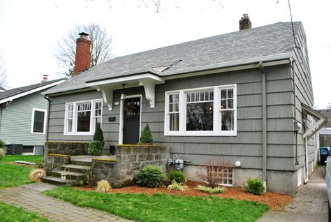 There is not a thing about this house that I don't love.  Totally my style inside and out. Portico Entry, Front Door Overhang, Front Door Awning, Door Overhang, Portico Design, Gray Brick, Gray House, Cute Little Houses, Young House