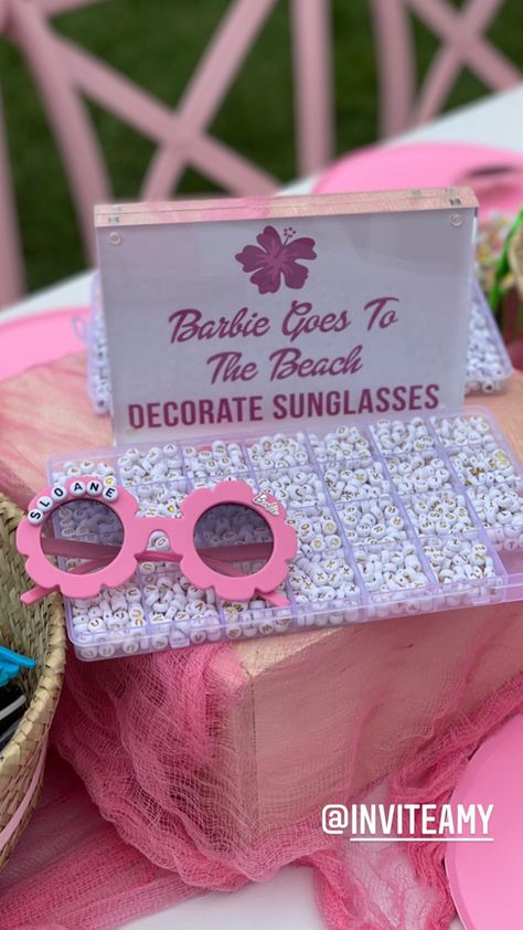 Barbie Birthday Party Crafts, Barbie Pool Party Food, Barbie Birthday Crafts, 4th Birthday Barbie Party Decor, Barbie Birthday Party Food Ideas, Outdoor Barbie Birthday Party, 4th Barbie Birthday Party, Barbie Birthday Activities, Barbie Activities For Kids